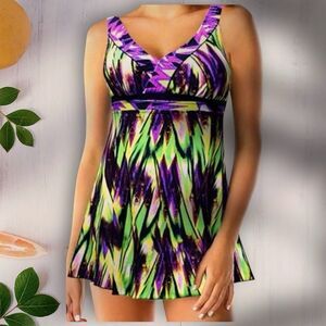 Septangle One Piece Swim-dress Vibrant Abstract Tummy Control‎ NWT 12